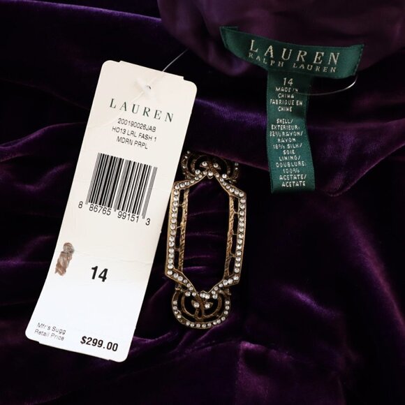 Ralph Lauren Dark Purple Silk Velvet Wrap Look Brooch Buckle Dress NWT New 14 - Picture 6 of 6